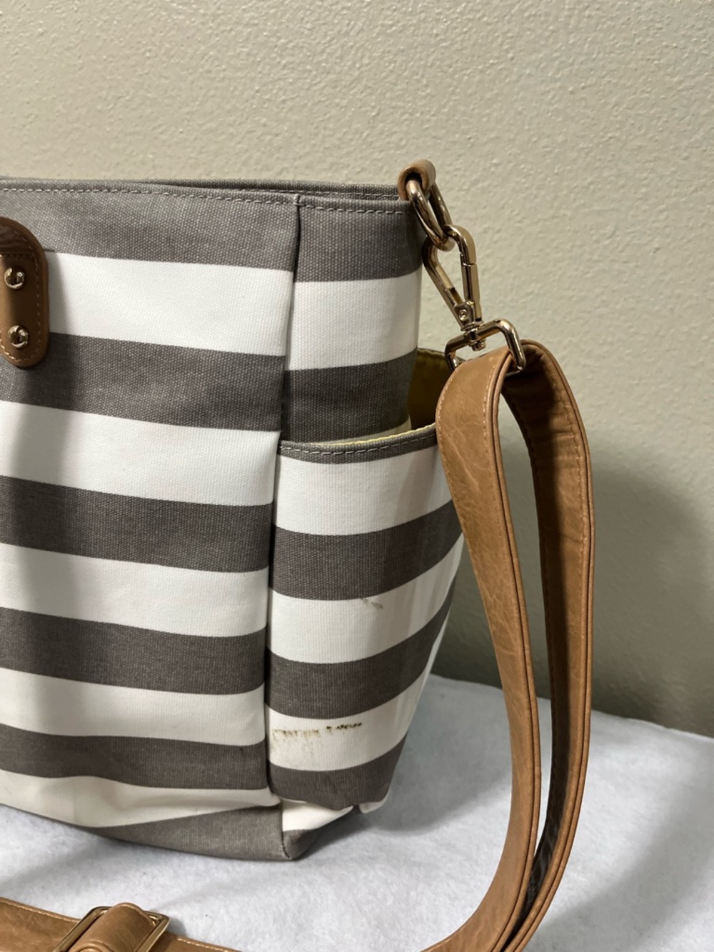White Elm Aquila Tote Gray White Striped Canvas Diaper Work Bag Crossbody - Picture 12 of 16